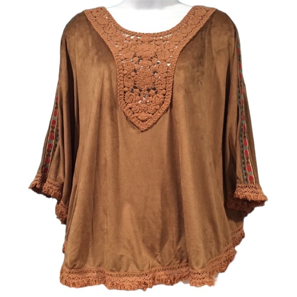 Flying Tomato Brown Faux Suede Lace Front Tribal Trim Poncho Top Medium NWOT